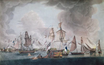 Porážka spojených sil Francie a Španělska v bitvě u Trafalgaru v roce 1805 (barevná rytina)